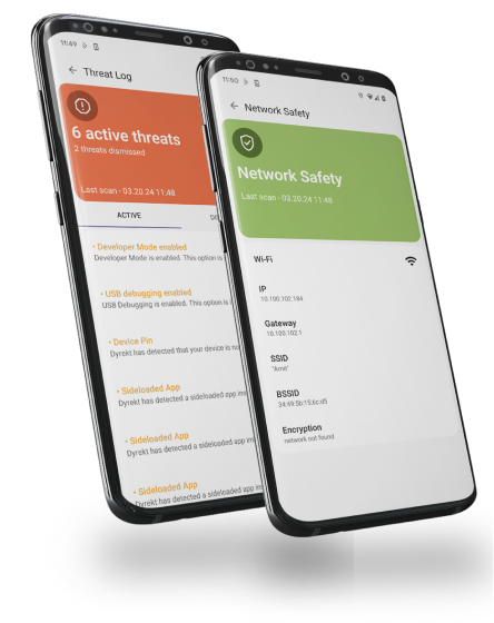 DYREKT app showing the threat log and network safety screens